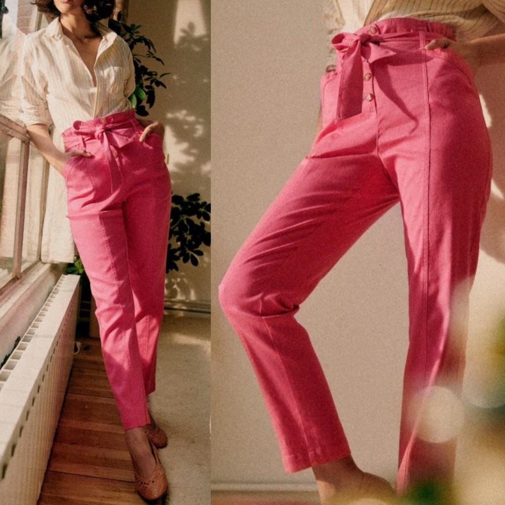 Sezane High Waist Bright Pink Trouser Pants Size 40 French US 8 Denim Belted‎